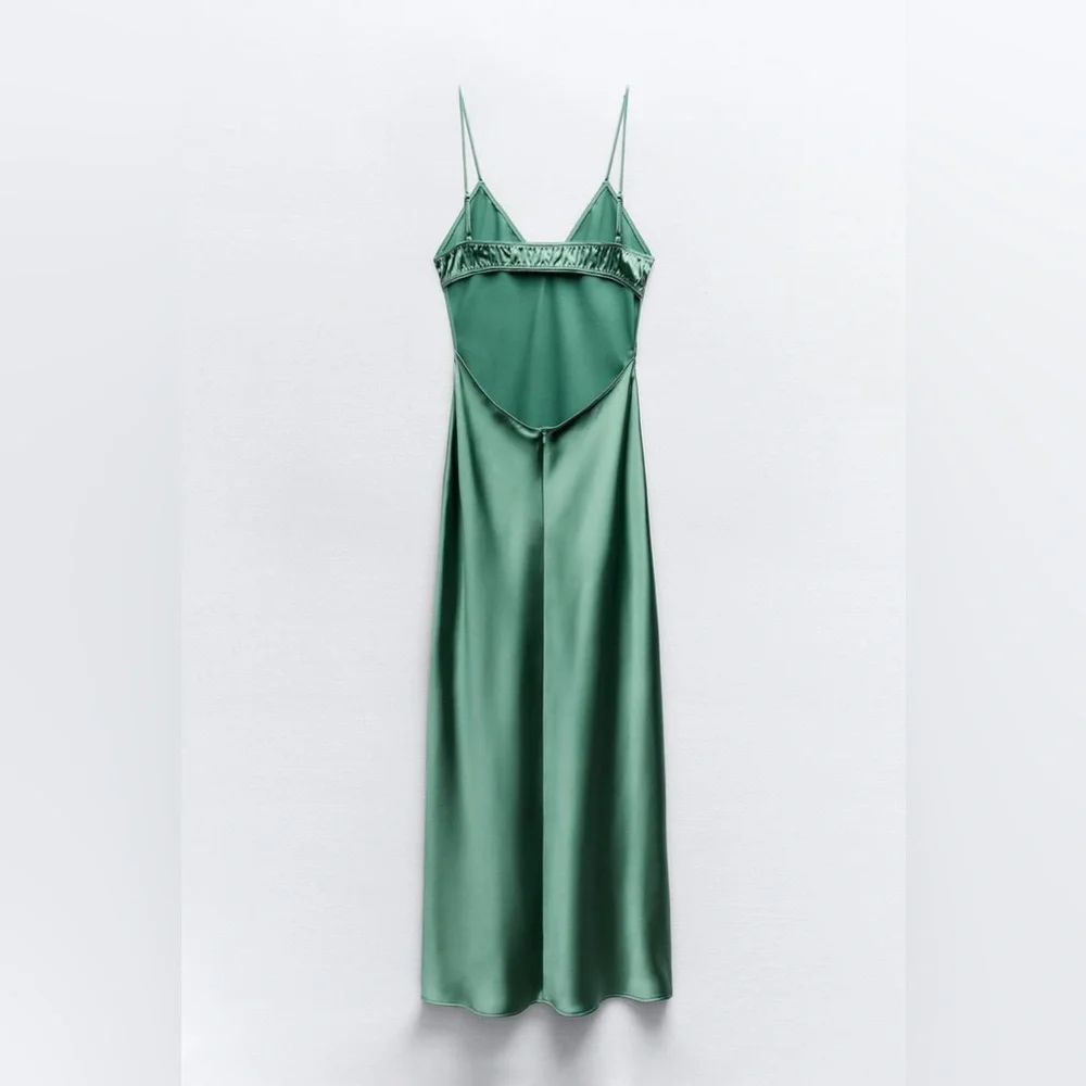 Zara Emerald Green Maxi Dress Satin Slip Wedding Evening Party - Picture 11 of 13